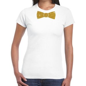 Wit fun t-shirt met vlinderdas in glitter goud dames