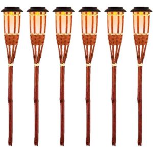 6x Oranje buiten/tuin Led fakkel Bodi solar verlichting bamboe 54 cm vlam - Tuinfakkel - Tuinlampen - Lampen op zonne-energie