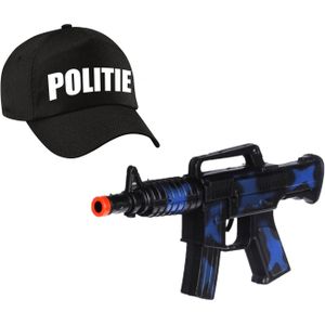 Carnaval verkleed speelgoed politiepet zwart voor kinderen met machinegeweer 27 cm