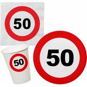 Verjaardag feestartikelen tafel dekken set 50 jaar verkeersbord/stopbord thema - 24x bordjes - 24x bekertjes - 32x servetten