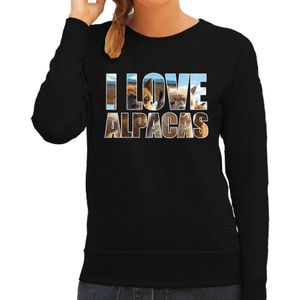 Tekst sweater I love alpacas met dieren foto van een alpaca zwart voor dames - cadeau trui alpacas liefhebber