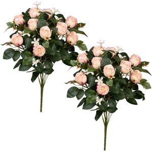 Louis Maes Kunstbloemen boeket rozen/bloesem met bladgroen - 2x - lichtroze - H49 cm - Bloemstuk