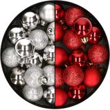 28x stuks kleine kunststof kerstballen zilver en rood 3 cm - kerstversiering