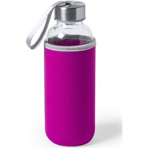 Glazen waterfles/drinkfles met fuchsia roze softshell bescherm hoes 420 ml - Sportfles - Bidon