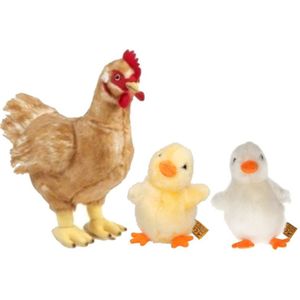 Set van Pluche kip met gele en witte kuiken knuffel 12cm en 35 cm speelgoed- Kippen/hennen boerderijdieren knuffels/knuffeldieren/knuffels voor kinderen