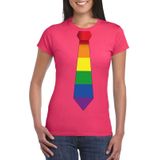 Roze t-shirt met regenboog stropdas dames  - LGBT/ Gay pride shirts