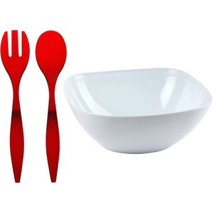 Plasticforte Salade/sla serveerschaal - wit - kunststof - D28 X H11 cm - met sla bestek - rood - 29 cm