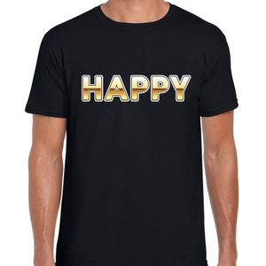Fun t-shirt Happy voor heren - zwart met goud - fun tekst shirt