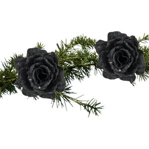 Kerstboom bloemen op clip - 2x stuks - zwart glitter - 10 cm