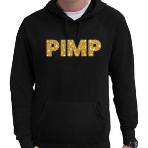 PIMP goud glitter tekst hoodie zwart heren - zwarte glitter sweater/trui met capuchon
