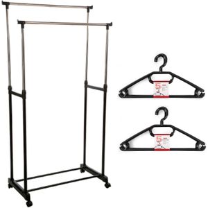 Kledingrek met kleding hangers - dubbele stang - kunststof - zwart - 80 x 42 x 170 cm
