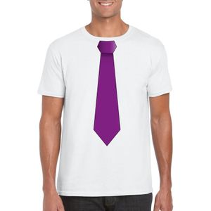 Wit t-shirt met paarse stropdas heren