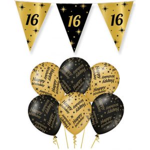 16 jaar verjaardag versiering pakket zwart/goud vlaggetjes/ballonnen
