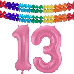 Folat folie ballonnen - Verjaardag leeftijd cijfer 13 - glimmend roze - 86 cm - en 2x feestslingers
