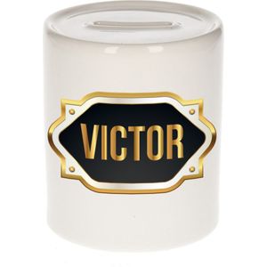 Victor naam cadeau spaarpot met gouden embleem - kado verjaardag/ vaderdag/ pensioen/ geslaagd/ bedankt