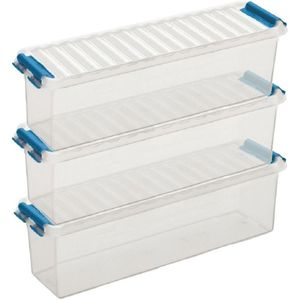 3x Sunware Q-Line opberg boxen/opbergdozen 1,3 liter 27 x 8,4 x 9 cm kunststof - Langwerpige/smalle opslagbox - Opbergbak kunststof transparant/blauw