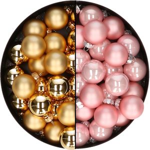 Mini kerstballen - 48x st - goud en lichtroze - 2,5 cm - glas - kerstversiering