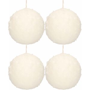 4x Witte sneeuwbal bolkaarsen 10 cm 67 branduren - Kerst kaarsjes - Sneeuwballen ronde geurloze kaarsen - Woondecoraties