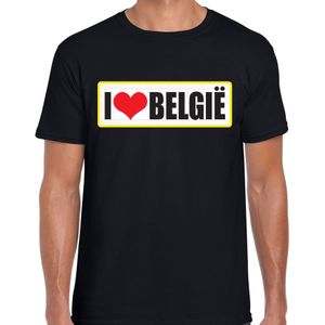I love Belgie landen t-shirt met bordje in de kleuren van de Belgische vlag - zwart - heren -  Belgie landen shirt / kleding - EK / WK / Olympische spelen outfit