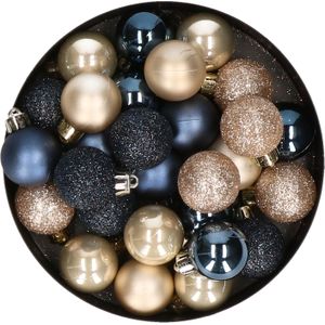 28x stuks kunststof kerstballen parel/champagne en donkerblauw mix 3 cm - Kerstboomversiering