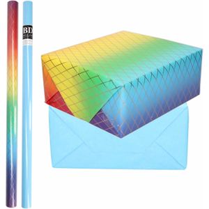 8x Rollen kraft inpakpapier regenboog pakket - blauw 200 x 70 cm - cadeau/verzendpapier