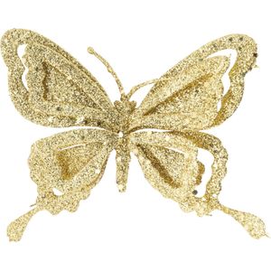 1x stuks decoratie vlinders op clip glitter goud 14 cm - Bruiloftversiering/kerstversiering decoratievlinders