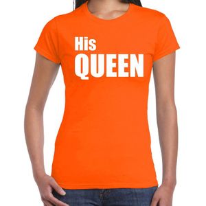 His queen t-shirt oranje met witte letters voor dames - Koningsdag - fun tekst shirts / leuke t-shirts