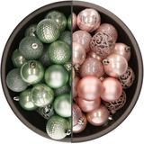Bellatio Decorations Kerstballen mix - 74-delig - mintgroen en lichtroze - 6 cm - kunststof
