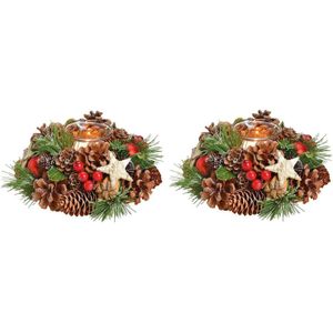 2x Kerst tafeldecoratie kerststukjes kransen met windlichtje 17 cm - Kerstversieringen/kerstdecoraties