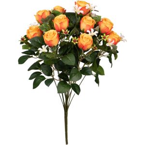 Louis Maes Kunstbloemen boeket rozen/bloesem met bladgroen - oranje - H49 cm - Bloemstuk