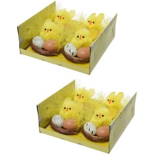 12x stuks mini kuikentjes geel in nest met eitjes 5 cm - Paaskuikentjes - Paasdecoratie - Pasen versiering tafel