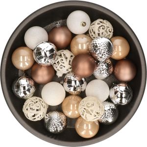 Kerstballen 37x stuks - wit/zilver/bruin - 6cm - kunststof