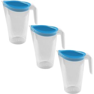 3x Waterkannen/sapkannen met blauwe deksel 1,75 liter 13 x 22 cm kunststof - Compact formaat schenkkannen die in de koelkastdeur past - Sapkannen/waterkannen/schenkkannen/limonadekannen