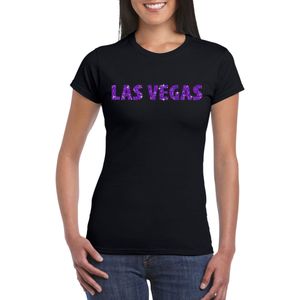 Zwart Las Vegas t-shirt met paarse glitter letters dames - VIP/glamour kleding