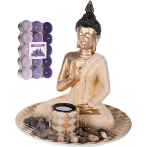 Boeddha beeld voor binnen 25 cm met 30x geurkaarsen lavendel - Buddha beeldje met theelichtjes/waxinelichtjes