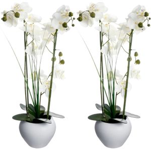 Atmosphera Orchidee bloemen kunstplant in witte bloempot - 2x - witte bloemen - H53 cm