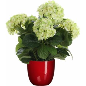 Hortensia kunstplant/kunstbloemen 45 cm - groen - in pot rood glans - Kunst kamerplant