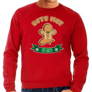 Bellatio Decorations foute kersttrui/sweater heren - Gingerbread koekemannetje - rood - Bite Me