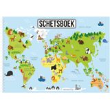 3x A4 tekenboek/ schetsboek/ kleurboek/ schetsblok met dieren wereldkaart voor kinderen - 50 vellen tekenblok/ tekenpapier