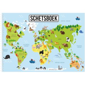 3x A4 tekenboek/ schetsboek/ kleurboek/ schetsblok met dieren wereldkaart voor kinderen - 50 vellen tekenblok/ tekenpapier