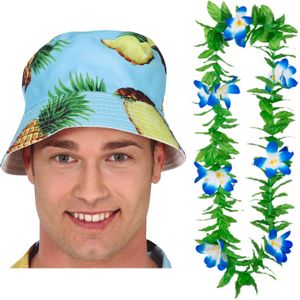 Carnaval verkleed set - Tropische Hawaii party - bucket hoed met bloemenslinger groen/blauw - volwassenen