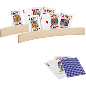 2x Stuks Speelkaarthouders - Inclusief 54 Speelkaarten Blauw Geruit - Hout - 35 cm - Kaarthouders
