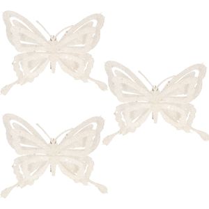 10x stuks decoratie vlinders op clip glitter wit 14 cm - Bruiloftversiering/kerstversiering decoratievlinders
