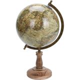 Decoratie wereldbol/globe beige op mangohouten voet/standaard 23 x 38 cm - Wereldbal - Landen/contintenten topografie in het Engels - Woonaccessoires/woondecoraties