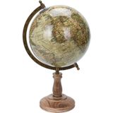 Decoratie wereldbol/globe beige op mangohouten voet/standaard 23 x 38 cm - Wereldbal - Landen/contintenten topografie in het Engels - Woonaccessoires/woondecoraties