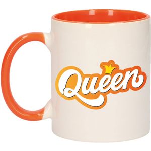 Koningsdag Queen met kroontje beker / mok - oranje met wit - 300 ml