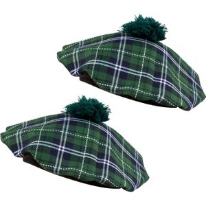 Boland Carnaval verkleed hoed/baret in Schotse ruit - 2x - groen - polyester - heren - Schotland