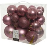 Kerstversiering kunststof kerstballen oud roze 6-8-10 cm pakket van 27x stuks - Met kunststof ster piek van 19 cm