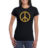 Toppers in concert Zwart Flower Power t-shirt gouden glitter peace teken dames - Sixties/jaren 60 kleding