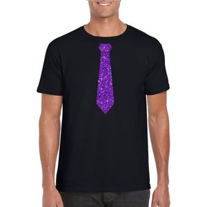 Zwart fun t-shirt stropdas met paarse glitters heren - Themafeest/feest kleding